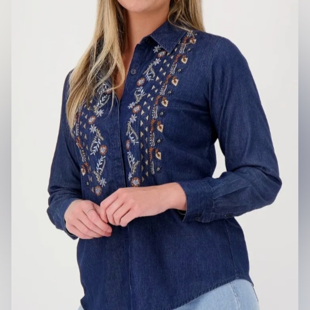 Joan Rivers Cotton Button Front Embroidered LS Denim Blouse Top Shacke…